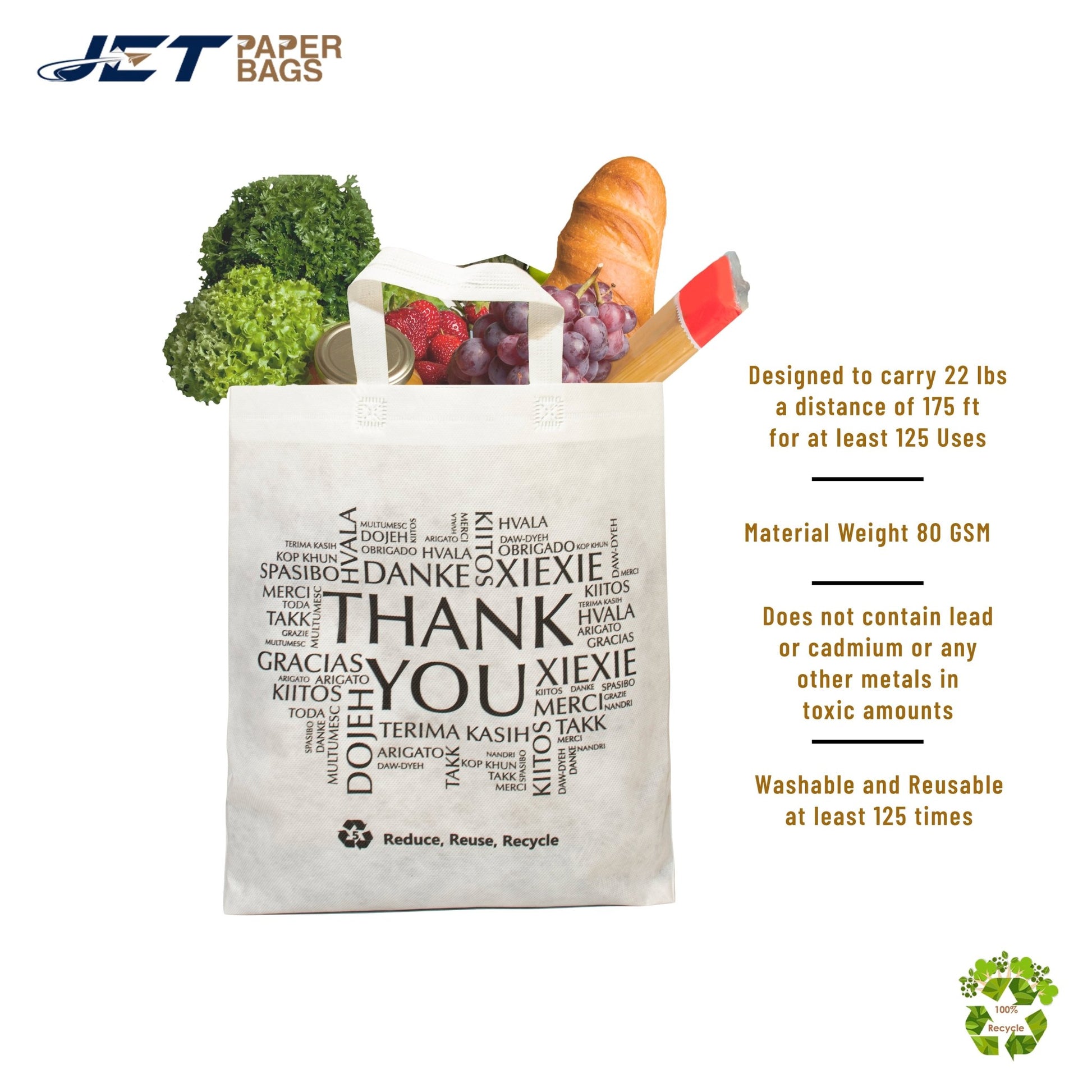 Non - woven Reusable Bags 13.5" x 7.7" x 15.5" Eco - Friendly, Thank You printed in all languages, White Bags - Jet Paper Bags