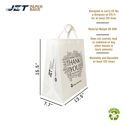Non - woven Reusable Bags 13.5" x 7.7" x 15.5" Eco - Friendly, Thank You printed in all languages, White Bags - Jet Paper Bags