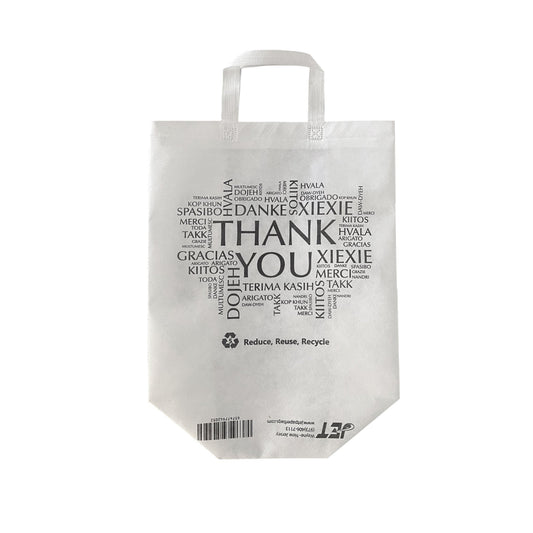 Non - woven Reusable Bags 13.5" x 7.7" x 15.5" Eco - Friendly, Thank You printed in all languages, White Bags - Jet Paper Bags