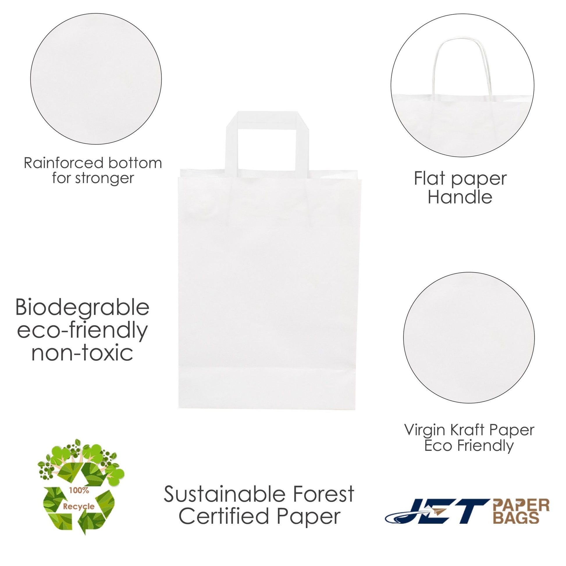White Paper Bags with Flat Handles - CARA FLAT - 8.50" x 4.75" x 10"H - Jet Paper Bags