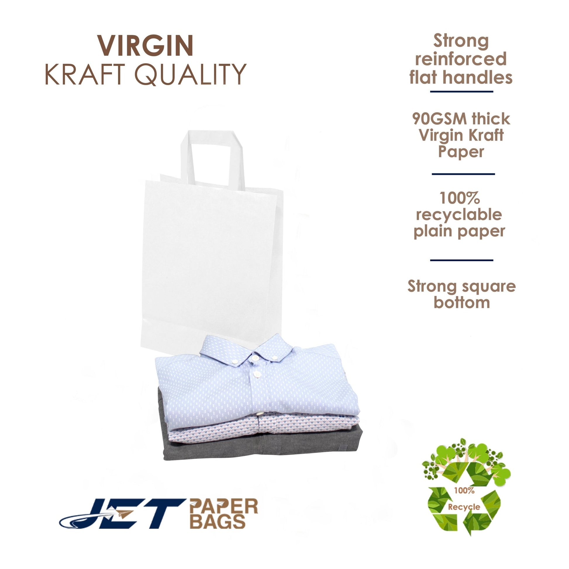 White Paper Bags with Flat Handles - CARA FLAT - 8.50" x 4.75" x 10"H - Jet Paper Bags