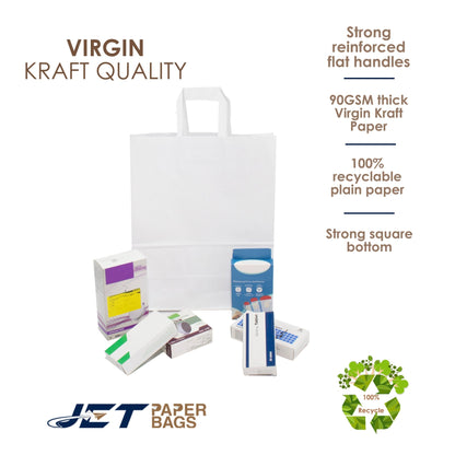 White Paper Bags with Flat Handles - CARA FLAT - 8.50" x 4.75" x 10"H - Jet Paper Bags