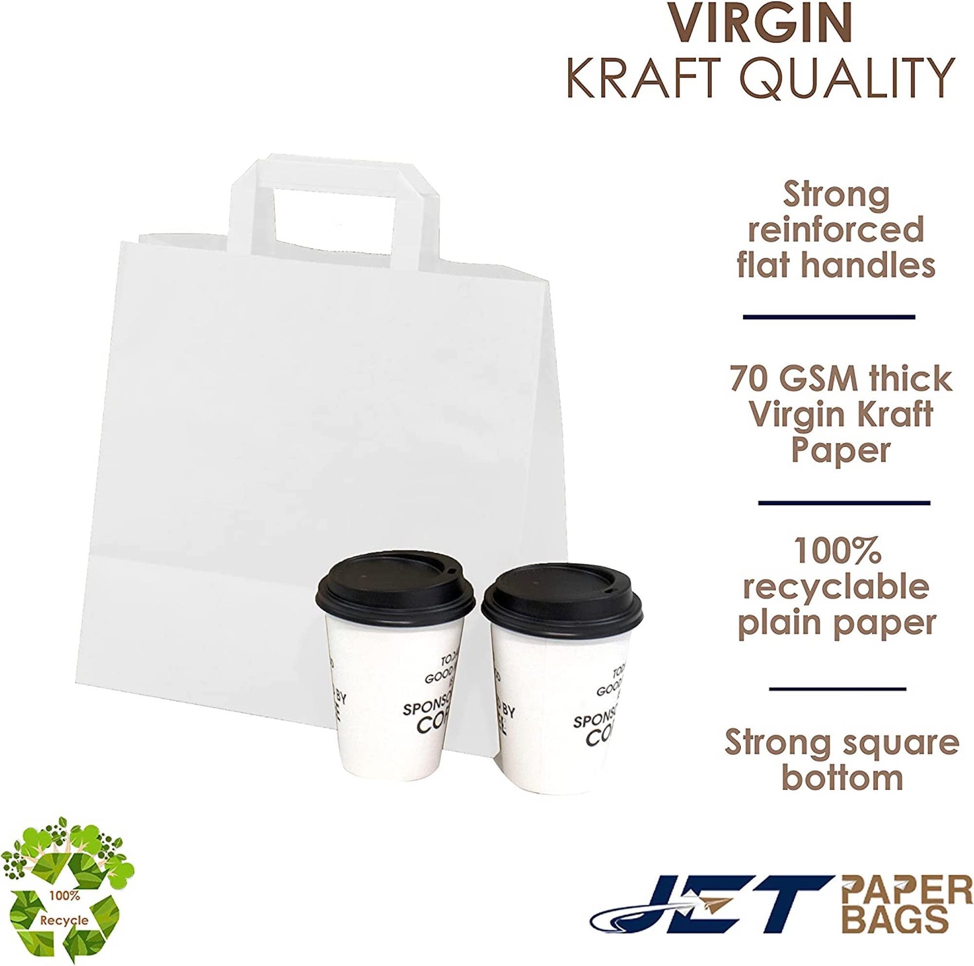 WHITE Paper Bags with Flat Handles - RAY - 11" x 6" x 11.5"H - Jet Paper Bags