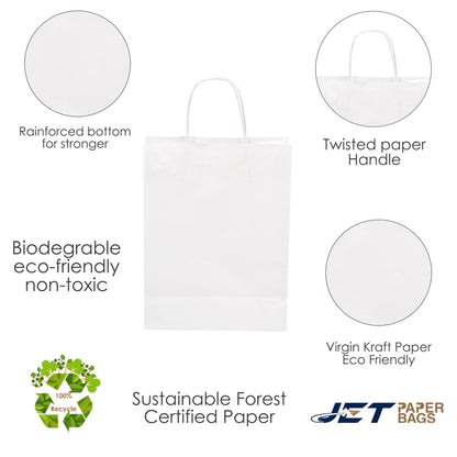 WHITE Paper Bags with Twisted Handles - BORA - 8" x 4" x 9"H - Jet Paper Bags