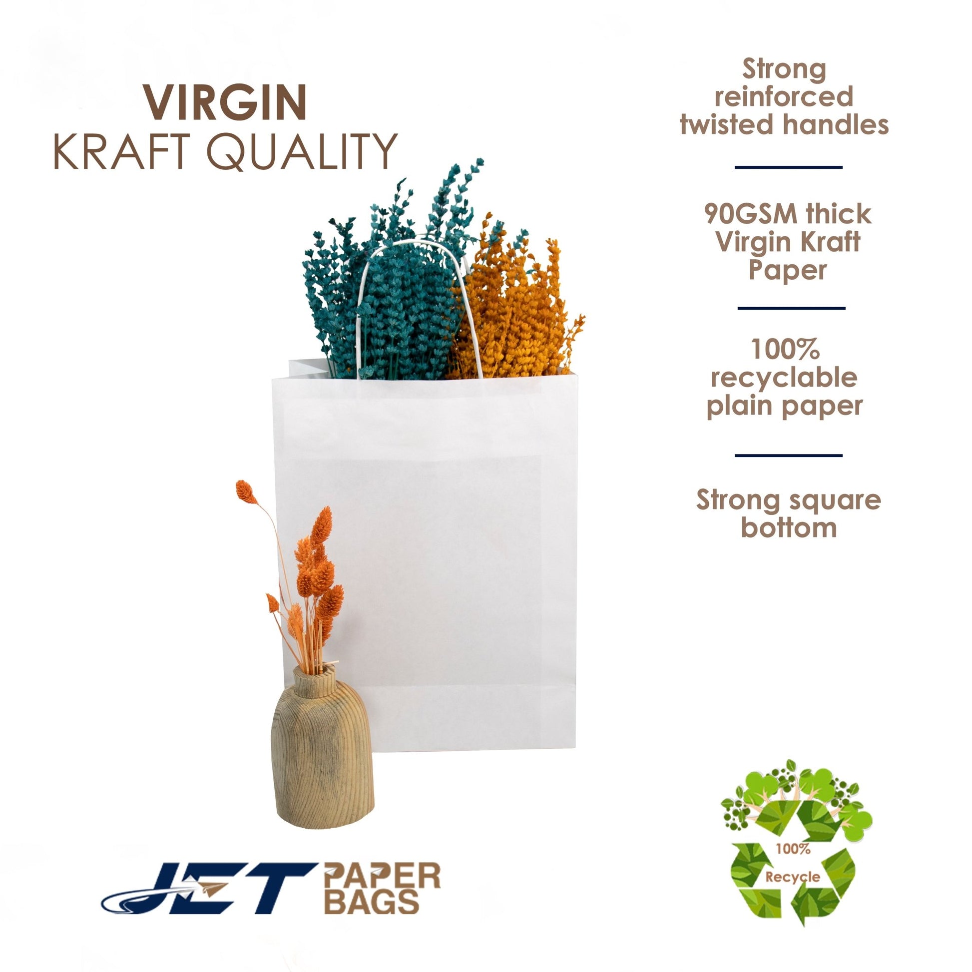 WHITE Paper Bags with Twisted Handles - CARA - 8 1/2" x 4 3/4" x 10H" - Jet Paper Bags