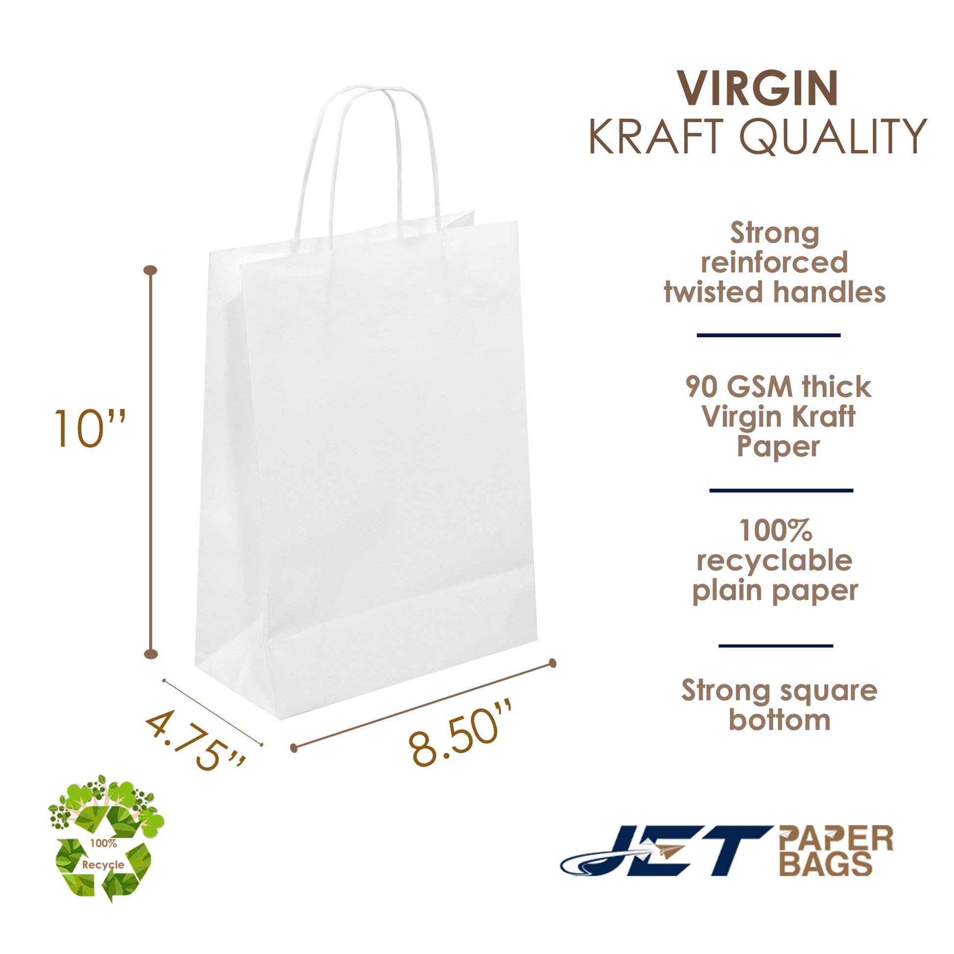 WHITE Paper Bags with Twisted Handles - CARA - 8 1/2" x 4 3/4" x 10H" - Jet Paper Bags