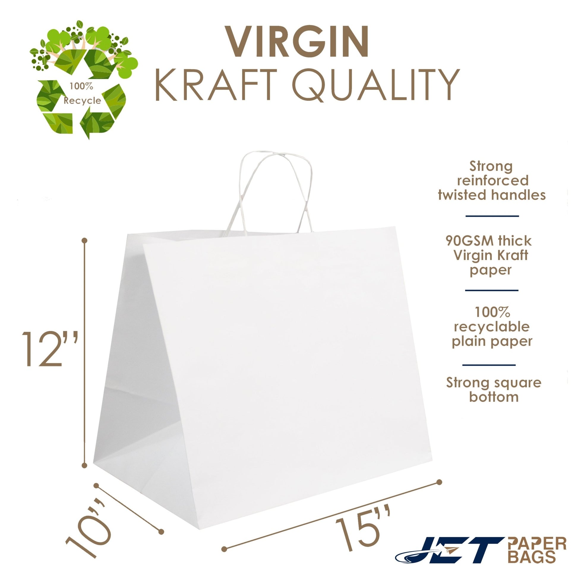 WHITE Paper Bags with Twisted Handles - HYDI - 15" x 10" x 12" H - Jet Paper Bags