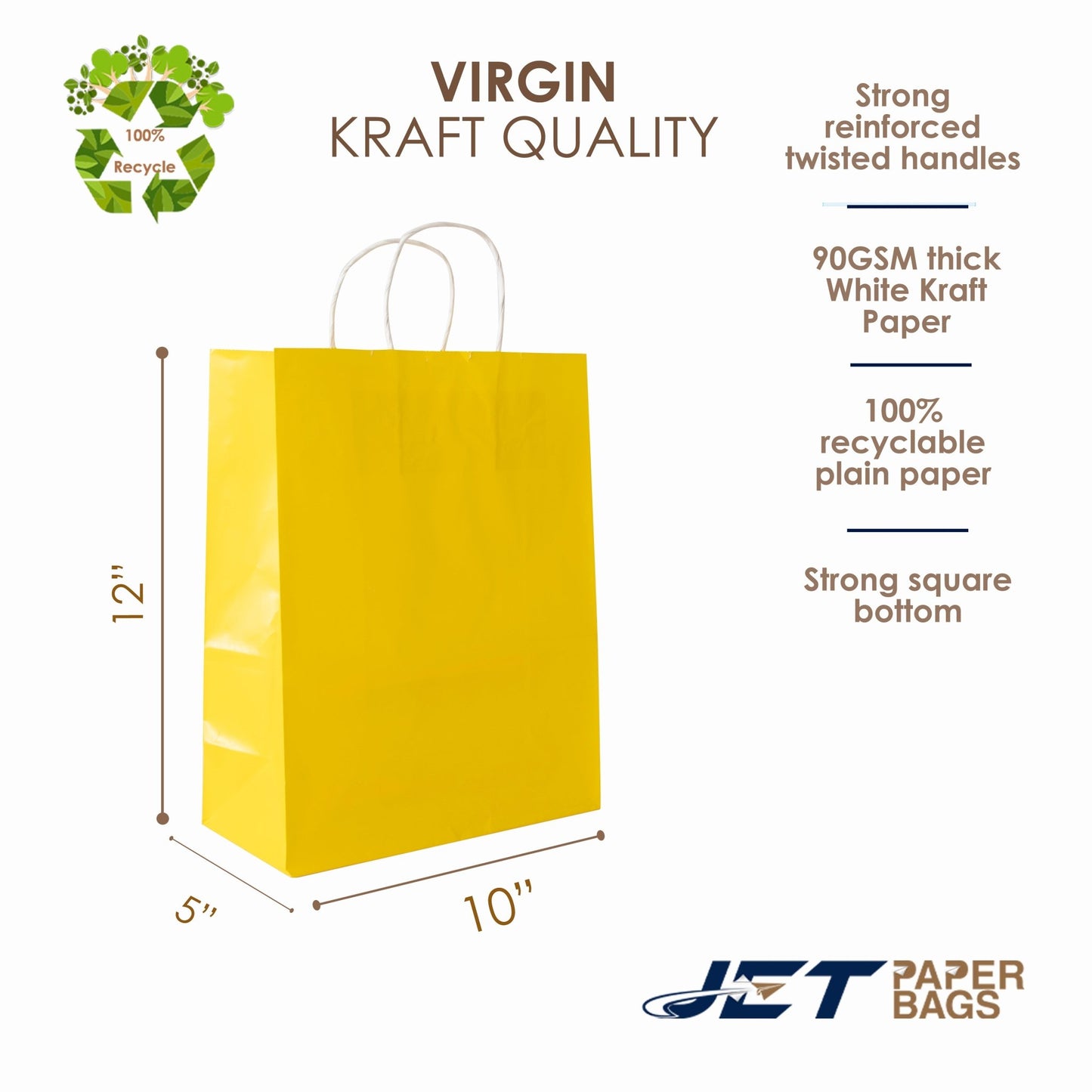 YELLOW Colored Paper Bags with Twisted Handles - 10" x 5" x 12H“ - Jet Paper Bags