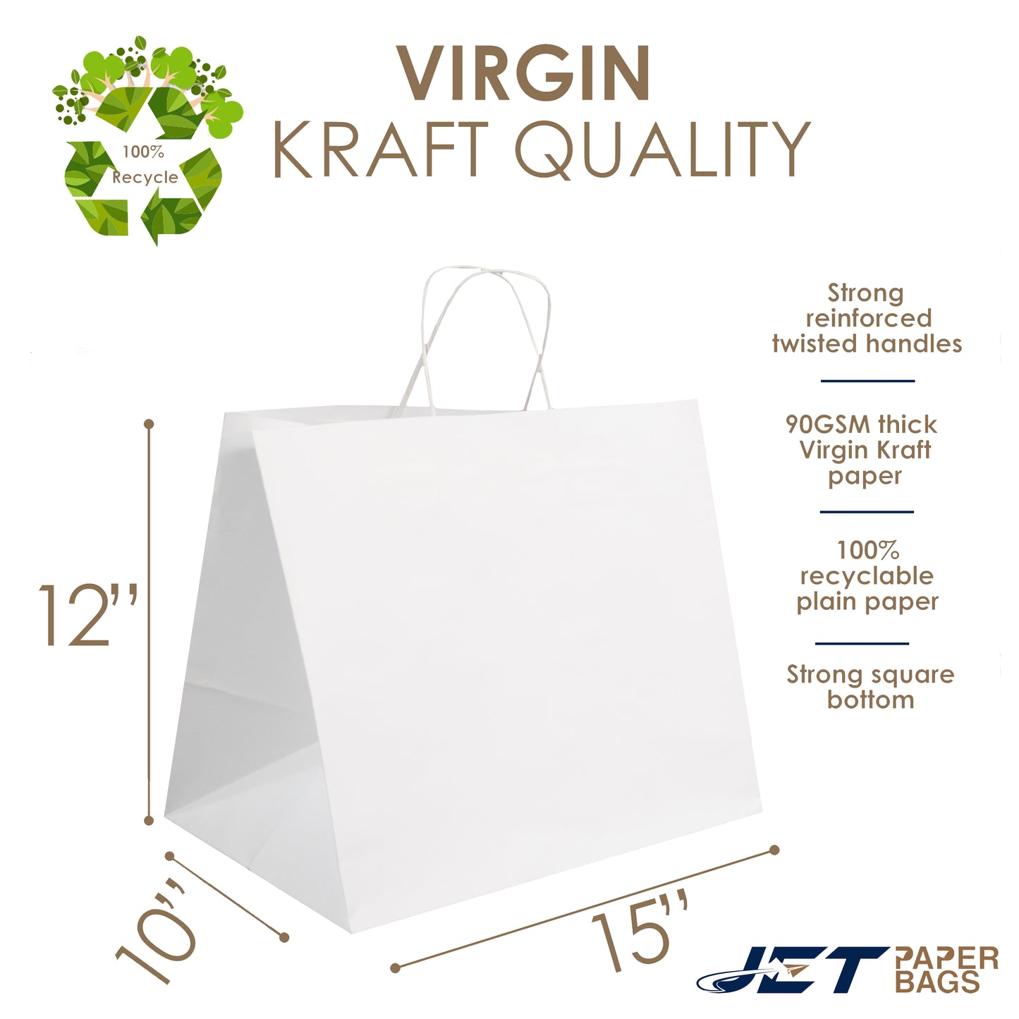 WHITE Paper Bags with Twisted Handles -HYDI-15" x 10" x 12" H